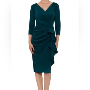 Xscape Petite Ruffle Faux-Wrap 3/4-Sleeve MIDI Dress - Hunter